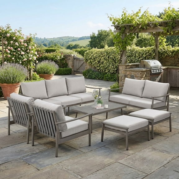 7 Piece Aluminum Patio Furniture Set, Outdoor Sectional Sofa with Ottomans and Coffee Table, Garden Conversation Set with Armchairs