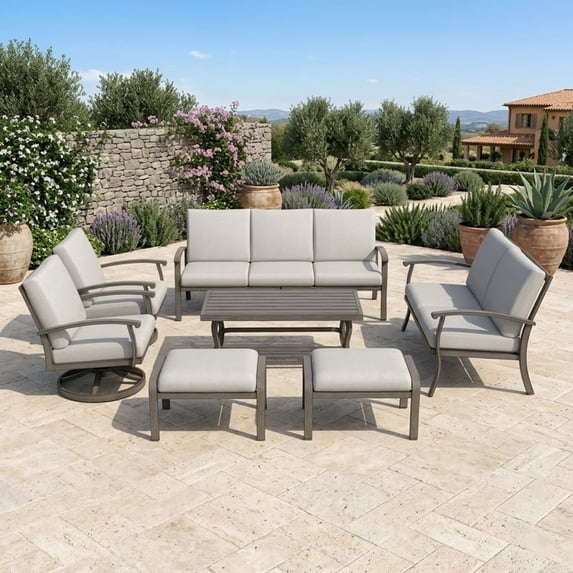 7 Piece Aluminum Patio Furniture Set, Outdoor Sectional Sofa with Ottomans and Coffee Table, Garden Conversation Set with Swivel Armchairs for Lawn