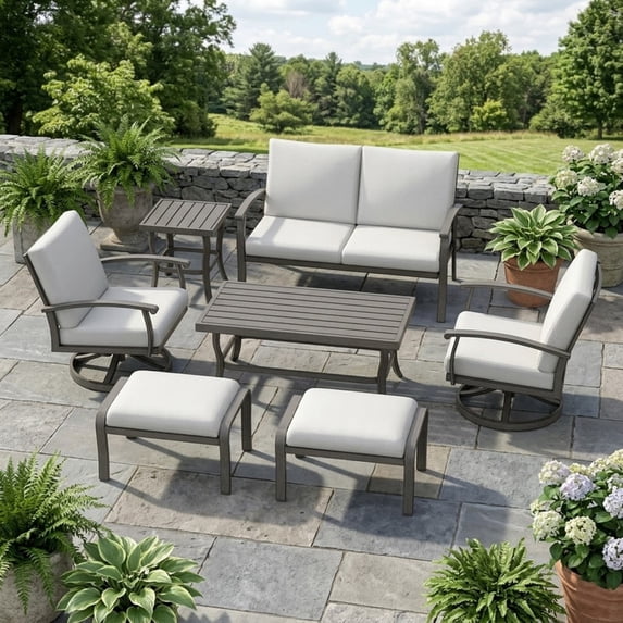 7 Piece Aluminum Patio Furniture Set, Outdoor Swivel Armchair with Loveseat, All-Weather Outdoor Sectional Sofa with Side Table and Coffee Table, Garden Conversation Set for Lawn