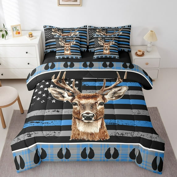 7 Piece American Flag Deer Comforter Set Twin,Rustic Hunting Woodland Animal Bedding Set Men,Farmhouse Plaid Usa Flag Bed In A Bag Country Wildlife Sheet Set With Comforter