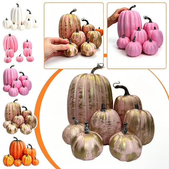 7 Piece Artificial Pumpkin Set Foam Fall Decor for Halloween Thanksgiving, Rustic Centerpiece for Kitchen Table Home Party - Gold