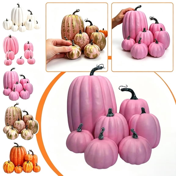 7 Piece Artificial Pumpkin Set Foam Fall Decor for Halloween Thanksgiving, Rustic Centerpiece for Kitchen Table Home Party - Hot Pink