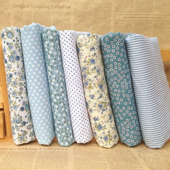 7-Piece Assorted Pre-Cut Cotton Fabric Bundle For Quilting 25X25Cm Thick Tabby Charm Squares In Multicolor Patterns Diy Craft Sewing Material Kit Light Blue