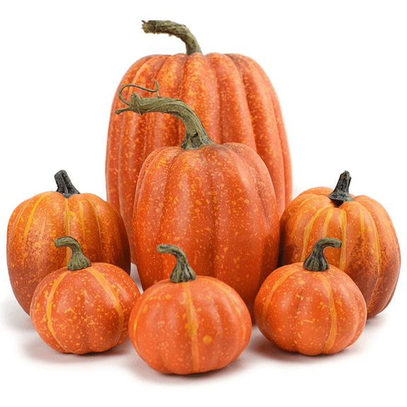 7-Piece Assorted-Size Fall Artificial Pumpkins, suitable for festivals like Fall, Halloween, Thanksgiving, and Harvest Season, and can be used as festive tabletop decorations