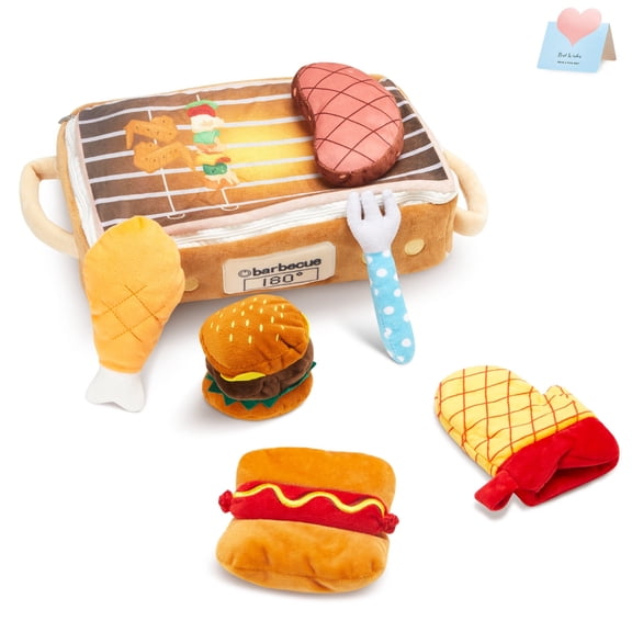 7-Piece BBQ Grill Plush Toy Set 12" Stuffed Barbecue Oven with Steak Drumstick Hamburger Tools Farm Kitchen Pretend Play Toys for Kids