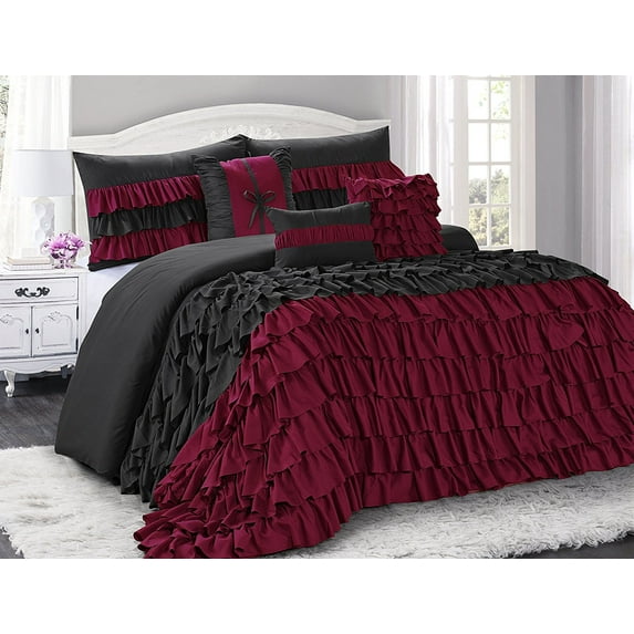 7 Piece BRISE Double Color Ruffled Clearance bedding Comforter Set Fade Resistant, Wrinkle Free, No Ironing Necessary, Super Soft, All Size-Queen King Cal.King Size (Queen, Burgundy/Black)