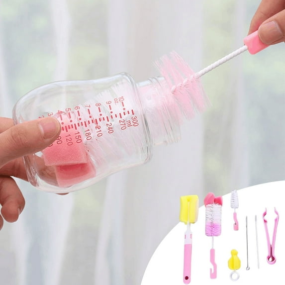 7-Piece Baby Bottle Brush Set, Nipple & Straw Cleaner, Food-Grade Bristles, Sponge & Nylon Heads, Safe for Milk Bottles, Sippy Cups, Breast Pump Parts, Dishwasher Safe, Compact Storage