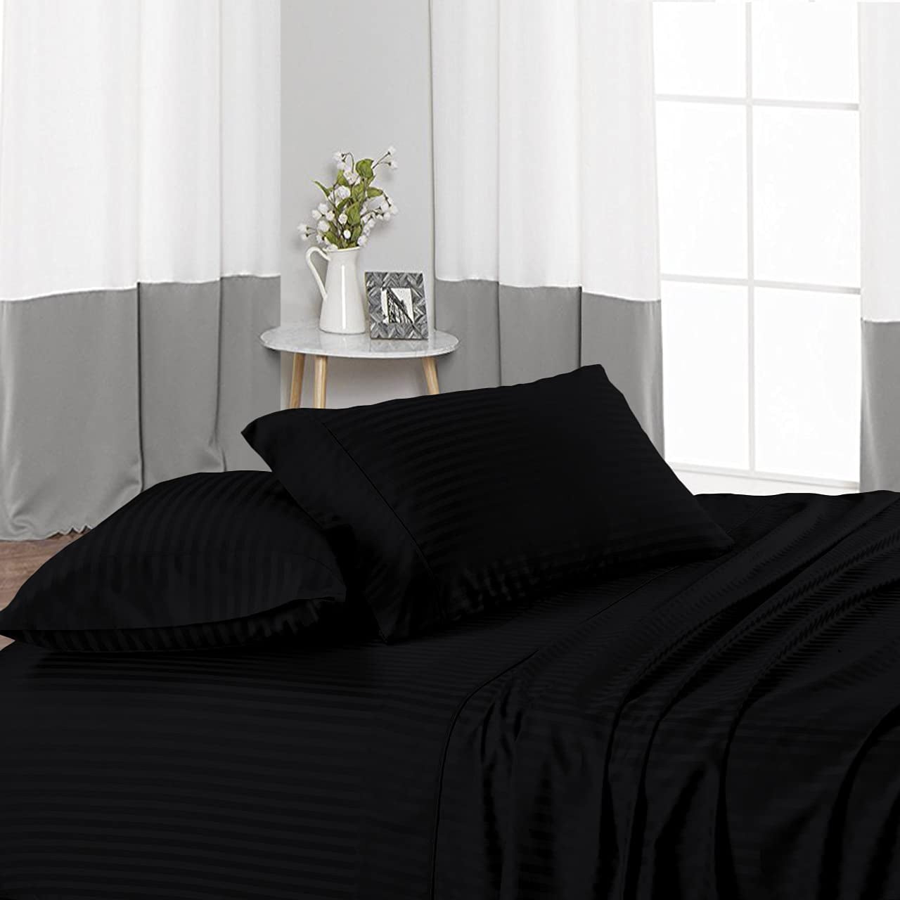 7 Piece Bamboo Bed Sheet for Bed - 100% Pure Bamboo - Fit 22" Inch Deep Pocket Silk Feel and Comfortable, Cooling, Anti-Static, Easy Care, Soft and Luxury - Black Stripe, King Size.