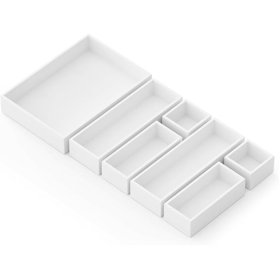 7-Piece Bamboo Drawer Organizer Storage Boxes Set, Wood Tray Junk Drawer Organizers Multi-Use Divider Bins for Kitchen, Bathroom, Office Desk and Makeup Organization (7 Pack, White)
