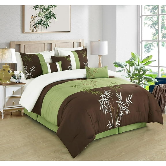 7-Piece Bamboo Embroidered Comforter Set Queen Size, Sage Green & Ivory Bamboo Grass Microfiber Bedding