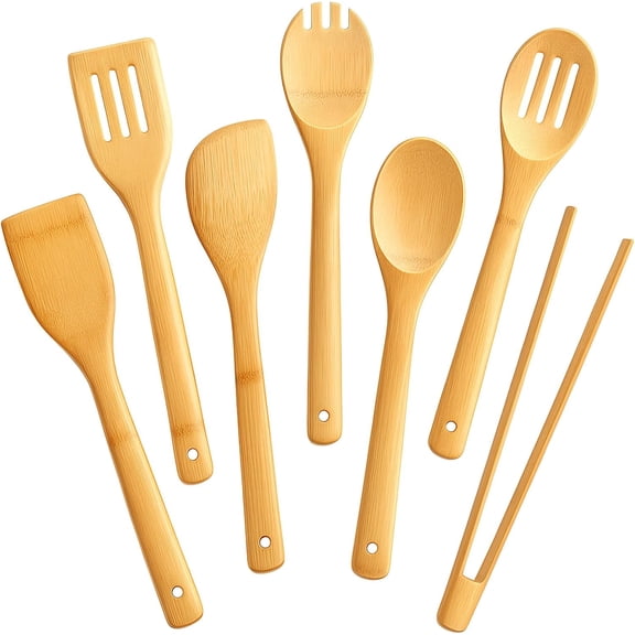 7-Piece Bamboo Kitchen Utensils Set, Wooden Spoons & Spatulas for Nonstick Cookware, Lightweight Heat-Resistant Cooking Tools with Comfortable Grip, Kitchen Gift Set