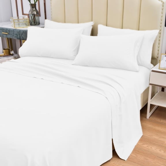 7 Piece Bamboo Sheets Set-Silky-Stronger Than Cotton Cool Sheets-Wrinkle Free-Deep Pockets 16"-Extremely Soft Bamboo Rayon Sheets-Split King,White