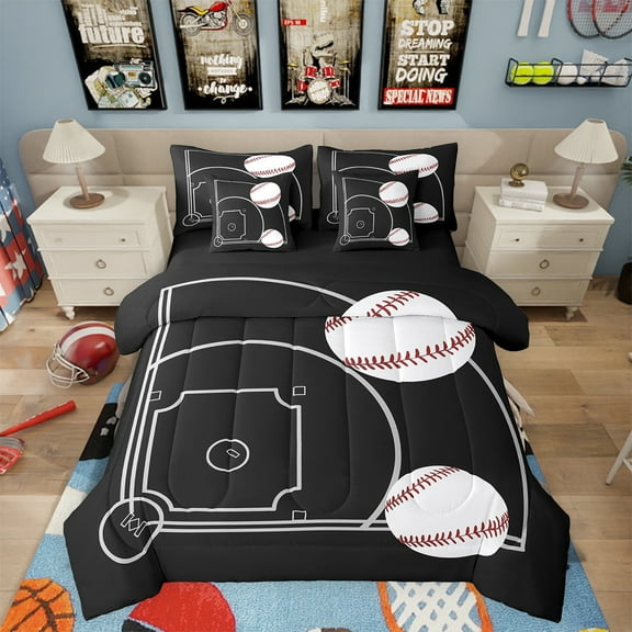 7 Piece Baseball Bedding Sets Twin Size Sports Bed in a Bag Baseball Game Themed Comforter Set with Sheets Baseball Field Print Bed Set Teen Sports Game Sheets