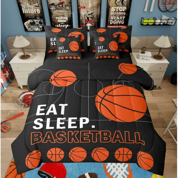 7 Piece Basketball Bed in a Bag Twin Size Sports Bedding Sets Basketball Ball Print Comforter Set with Sheets Basketball Court Decor Bed Set Sports Basketball Player Games Sheets