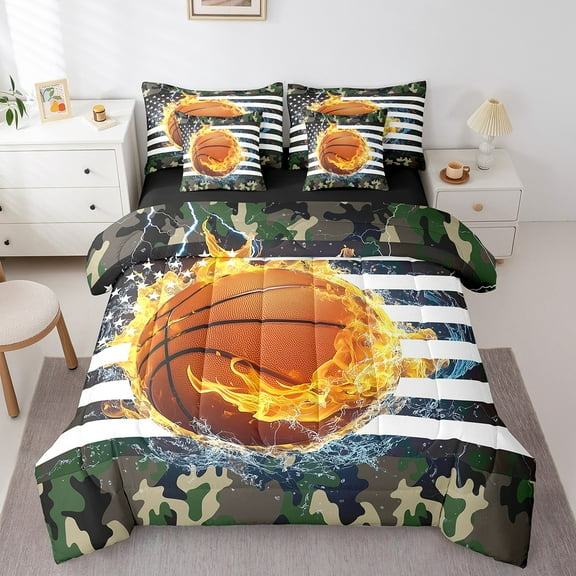 7 Piece Basketball Bedding Set Bed In A Bag Twin Size, American Flag Comforter Set Camouflage Sheet Set Teens Adult, Sports Games Camo Bed Set With Pillow Cases,Reversible