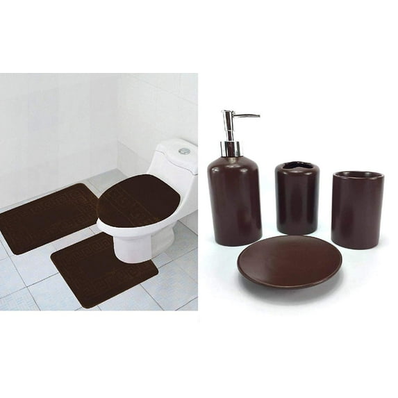 7 Piece Bath Accessory Set Bathroom Rugs Contour mat & Ceramic Accessories (Brown)…