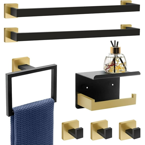 7-Piece Bathroom Set - Black & Gold Accessories Set - Square Towel Bar 2x23'', Hand Towel Rack, Toilet Paper Holder, 3x Towel Hook, Bathroom Hardware