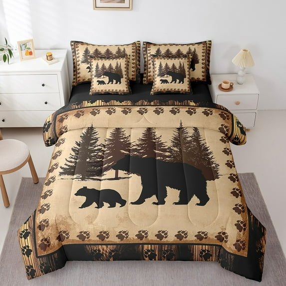 7 Piece Bear Bedding Sets Bear Hunting Theme King Bed in a Bag Rustic Bear Paw Print Comforter Set with Sheets Western Farmstyle Animal Bed Set Woodland Animal Sheets
