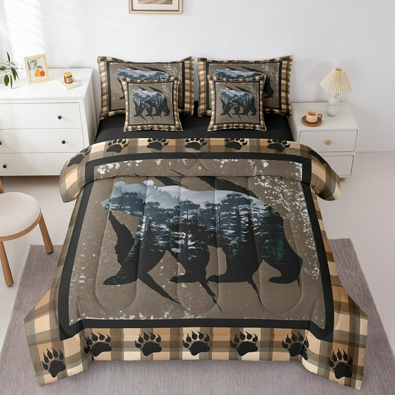 7 Piece Bear Bedding Sets King Size Rustic Bear Paw Print Bed in a Bag Western Woodland Animal Comforter Set with Sheets Farmhouse Wildlife Bed Set Bear Hunting Theme Sheets