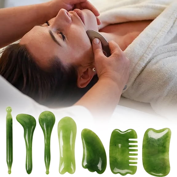 7-Piece Beauty Tool Set with Paper Box, 7 Pcs7Pcs Scraping Massage Tool Kits Natural Resin Scraper Board Stone Set for Face Back and Neck Release Massage Reduce Muscle (Green), Eas Makeup Organizers