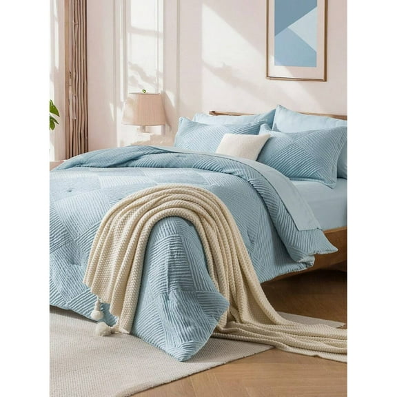 7 Piece Bed In A Bag Bed Comforter Set King,Sheet And Pillowcase Set, Soft Microfiber, Comfortable and Warm Bedding Set, Bedroom Decor for All Seasons,Baby Blue