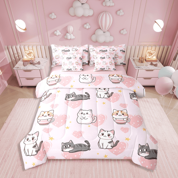 Erosebridal 7 Piece Bed In A Bag Full Size Comforter Set Cartoon Cat Bedding Set,Cartoon Kitten Pet Pink Reversible Animal Print Full Size Bed Sets,Love Heart Comforter With Sheet Set,All Season