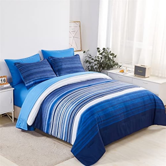 7 Piece Bed in a Bag Stripe Comforter Set Queen Size White and Blue Patchwork Striped Comforter and Sheet Set All Season Soft Microfiber Complete Bedding Sets Blue Queen
