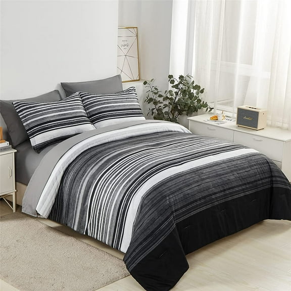 7 Piece Bed in a Bag Stripe Comforter Set Queen Size, White Grey Black Patchwork Striped Comforter and Sheet Set, All Season Soft Microfiber Complete Bedding Sets(Grey,Queen)
