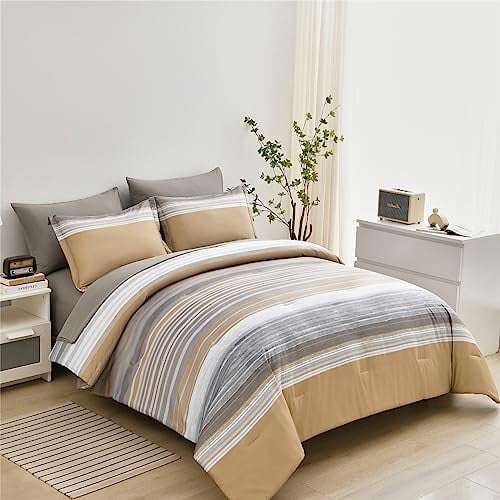 7 Piece Bed in a Bag Stripe Comforter Set Queen Size, White Grey Khaki Patchwork Striped Comforter and Sheet Set, All Season Soft Microfiber Complete Bedding Set(Khaki,Queen)