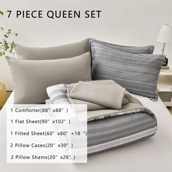 7 Piece Bed in a Bag Stripe Comforter Set Queen Size, White Grey Patchwork Striped Comforter and Sheet Set, All Season Soft Microfiber Complete Bedding Set(Light Grey,Queen)