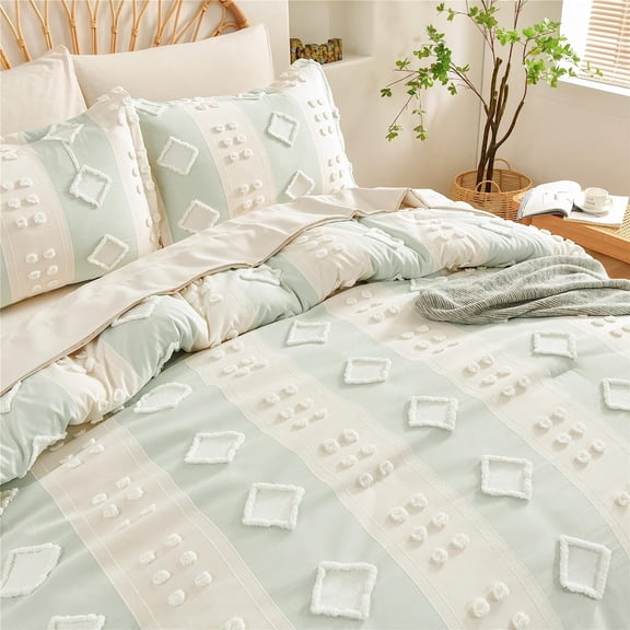 7 Piece Bed in a Bag Tufted Comforter Set King Size, Shabby Chic Boho Comforter and Sheet Set, Sage Green Beige Patchwork Striped Pom Pom Complete Bedding Set(Green,King)