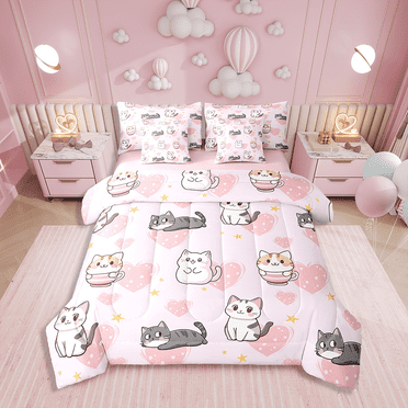 7 Piece Bed in a Bag Twin Size Comforter Set Cartoon Cat Bedding Set,Cartoon Kitten Pet Reversible Bed Set,Love Heart Comforter with Sheet Set,All Season