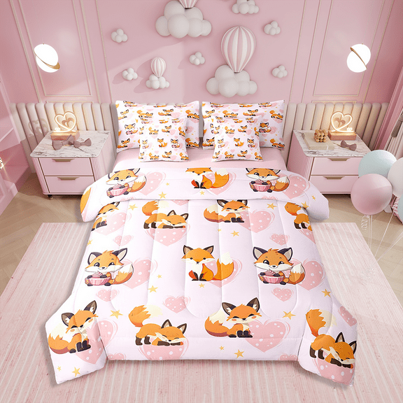 7 Piece Bed in a Bag Twin Size Comforter Set Cartoon Fox Bedding Set,Cute Animal Reversible Bed Set,Pink Love Heart Comforter with Sheet Set,All Season