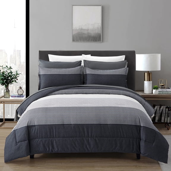 7 Piece Bed In A Bag Black Grey Queen Size Striped Microfiber Bedding Set
