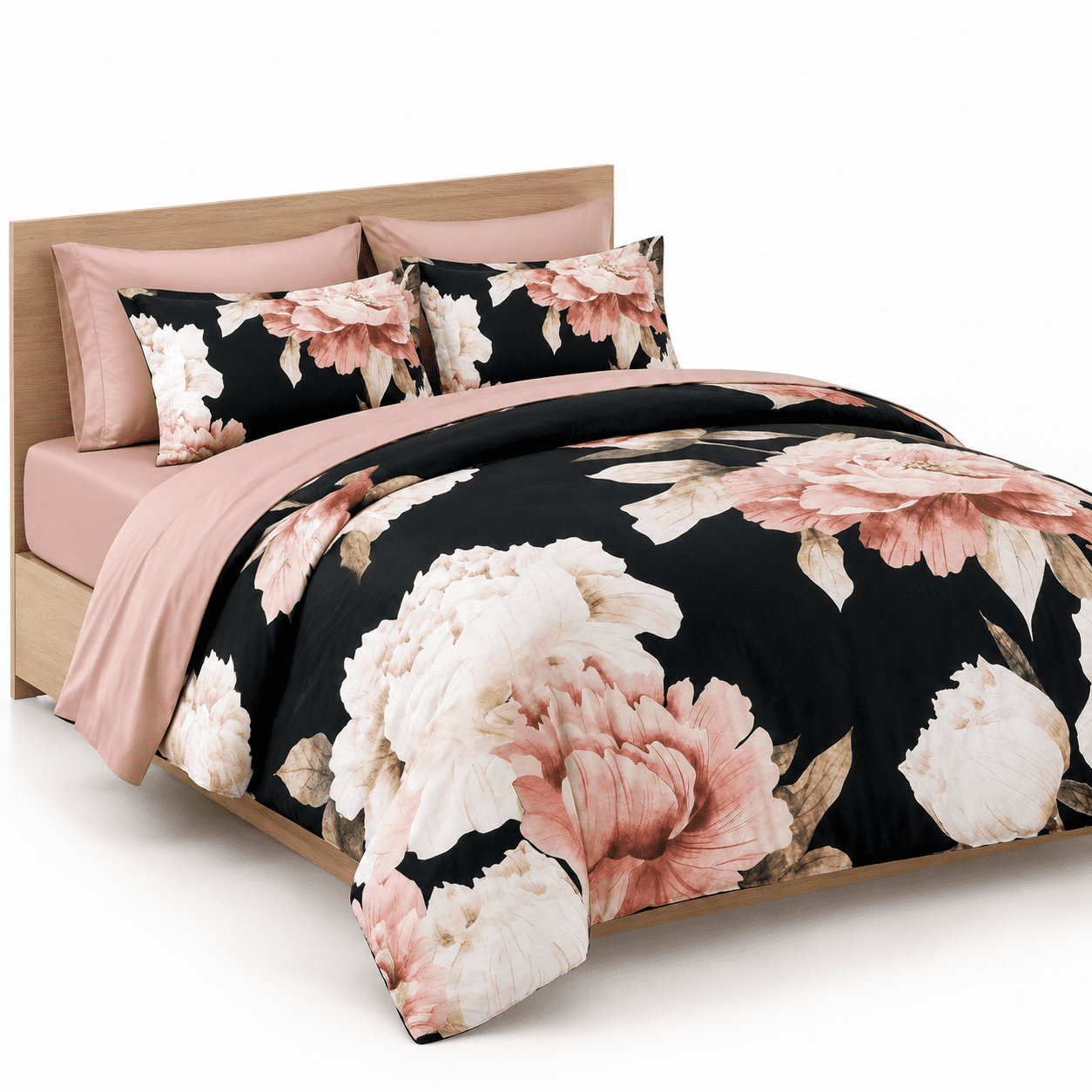 7 Piece Bed In A Bag Pink Black Floral Set, California King Size Soft ...