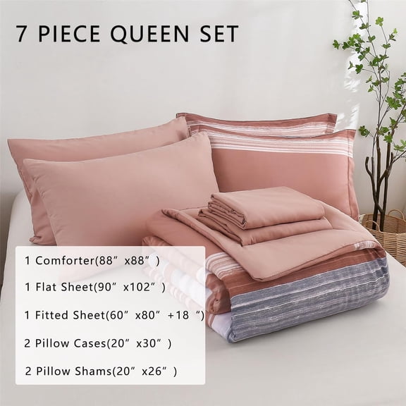 7 Piece Bed in a Bag Stripe Comforter Set Queen Size