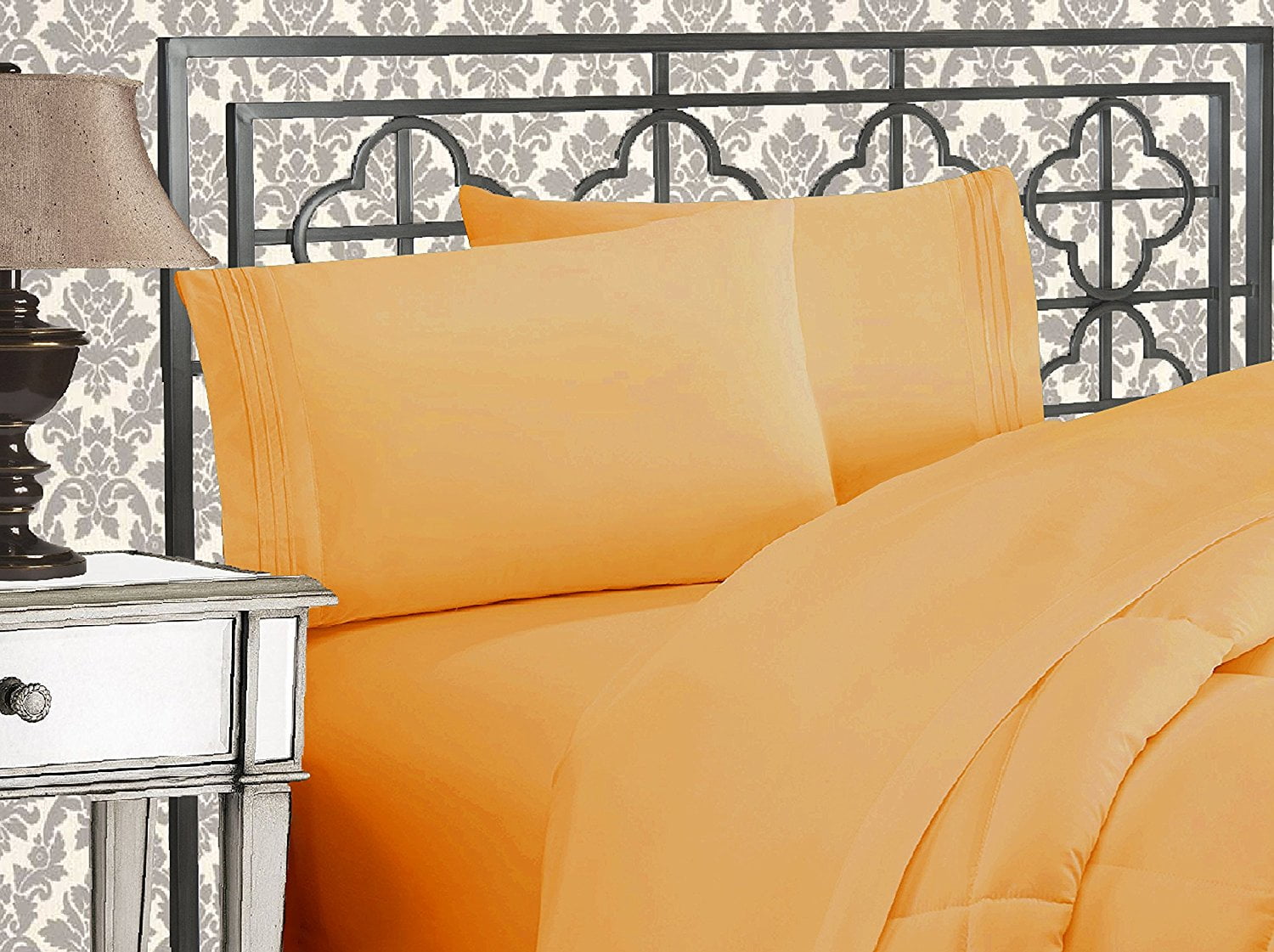7 Piece Bedding Set Includes Fitted and Flat Sheets, Duvet, Pillow Covers Full Gold