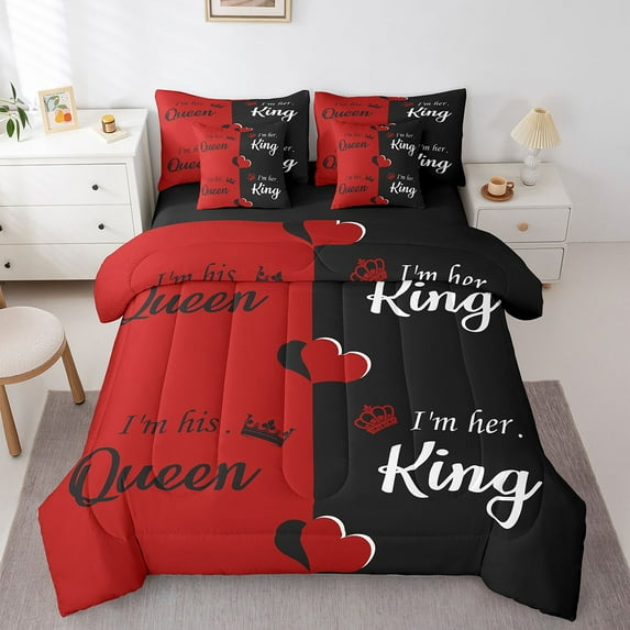His And Hers 7 Piece Bedding Set King King And Queen Crown Comforter Set With Sheets For Couple Men Women Mr Mrs,Valentine'S Day Bed In A Bag Gifts,Romantic Love Heart Bed Set