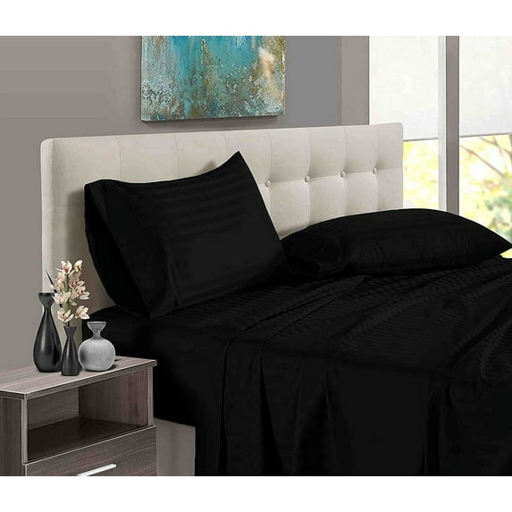 7 Piece Bedsheet Sets - 1 Flat Sheet, 1 Fitted Sheet (12 Inch) Deep Pocket, 1 Duvet Cover & 4 Pillowcases - Soft 600TC & Long Staple 100% Egyptian Cotton - Black Stripe, Queen Size.