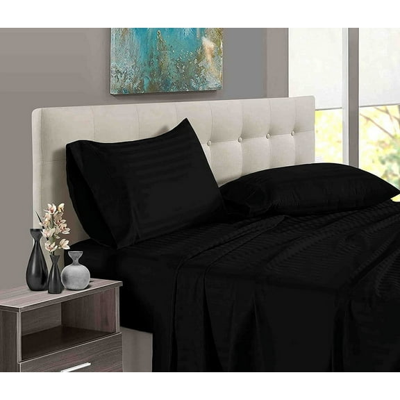 7 Piece Bedsheet Sets - 1 Flat Sheet, 1 Fitted Sheet (14 Inch) Deep Pocket, 1 Duvet Cover & 4 Pillowcases - Soft 600TC & Long Staple 100% Egyptian Cotton - Black Stripe, Twin-XL Size.