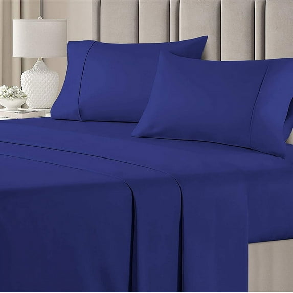 7 Piece Bedsheet Sets - 1 Flat Sheet, 1 Fitted Sheet (16 Inch) Deep Pocket, 1 Duvet Cover & 4 Pillowcases - Soft 600TC & Long Staple 100% Egyptian Cotton - Royal Blue Solid, Twin Size.