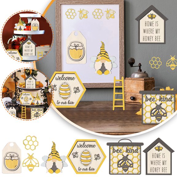 7-Piece Bee Festival Tiered Tray Decor Set, Rustic Wooden Mini Signs with Beehive and Honeycomb Designs, Modern Farmhouse Tabletop Ornaments for Home, Kitchen and Mantel, 1 Set