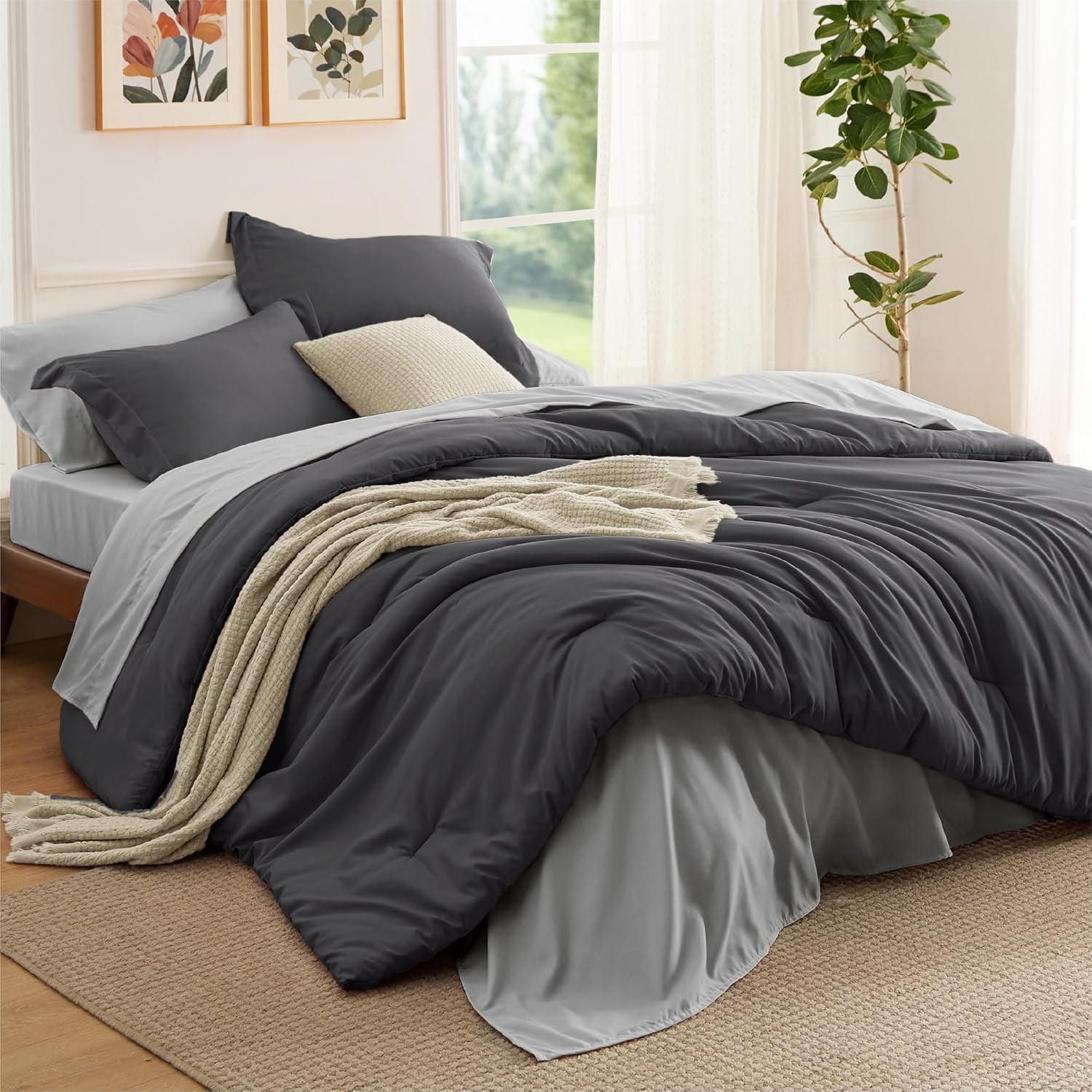 7-Piece Beige Boho Contrasting Design Queen Comforter Set, All Season ...