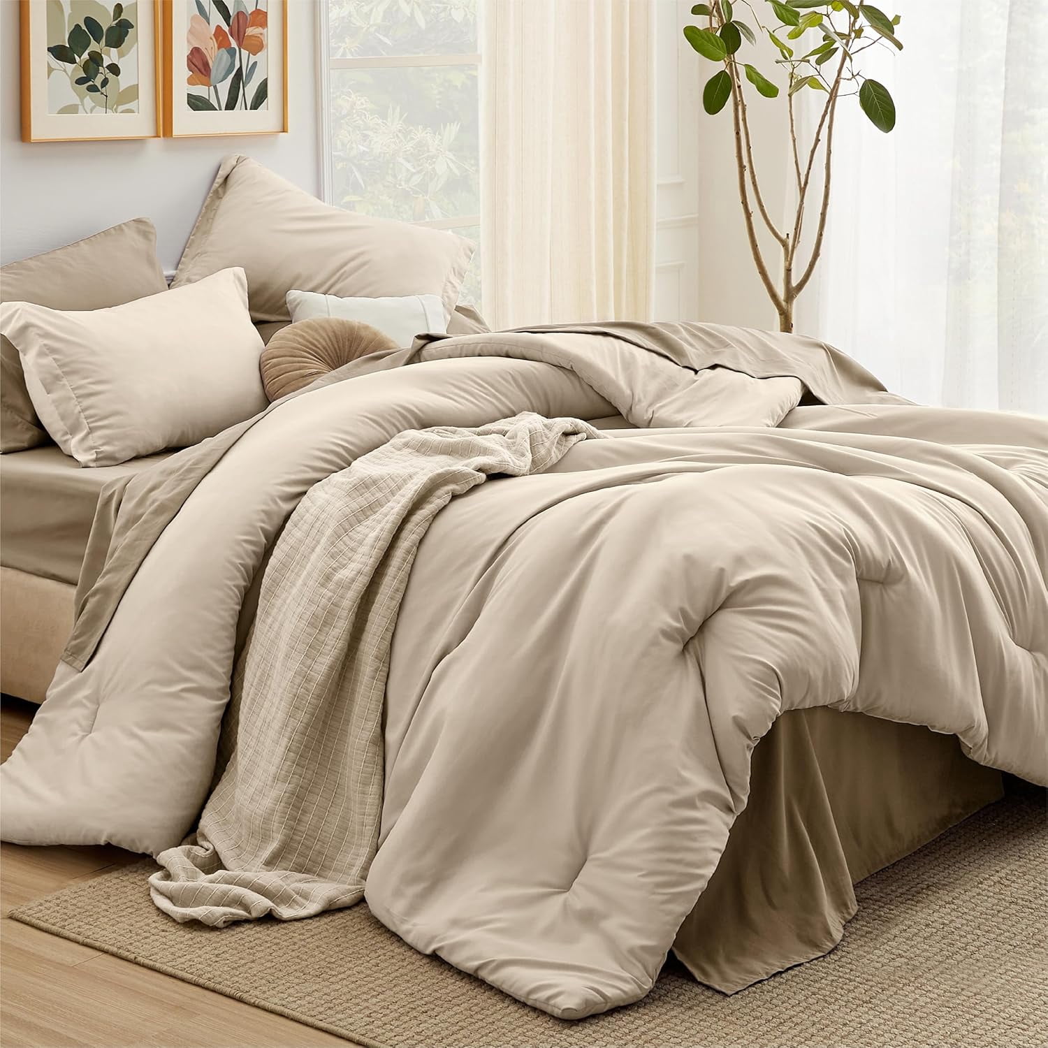 7-Piece Beige Boho Contrasting Design Queen Comforter Set, All Season ...