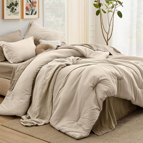 7-Piece Beige Boho Contrasting Design Queen Comforter Set, All Season ...