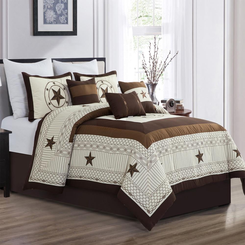 7 Piece Beige Geometric Print Comforter Set Color Block Bed in a Bag, King