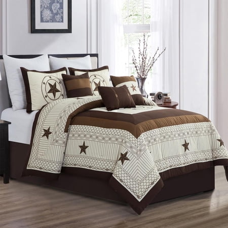 7 Piece Beige Geometric Print Comforter Set Color Block Bed in a Bag, Queen