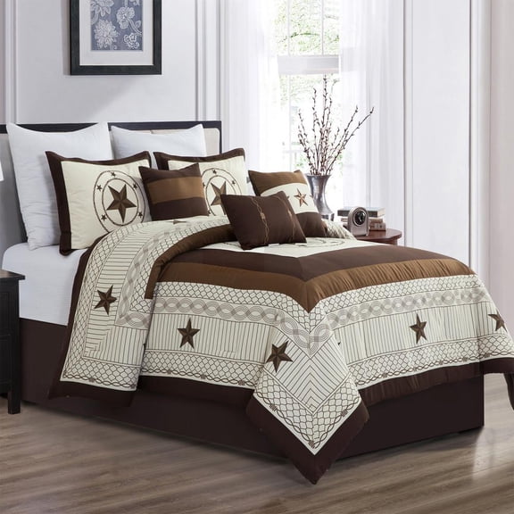 7 Piece Beige Geometric Print Comforter Set Color Block Bed in a Bag, Queen