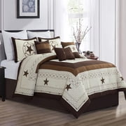 7 Piece Beige Geometric Patchwork Comforter Set, Bed in a Bag with Pillows, Queen