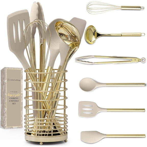 7-Piece Beige & Gold Kitchen Utensils Set – Non-Toxic Silicone & Stainless Steel Tools for Cooking, Serving, & Hosting – Ideal for Nonstick Cookware & Modern Kitchens, with Gold Utensil Holder